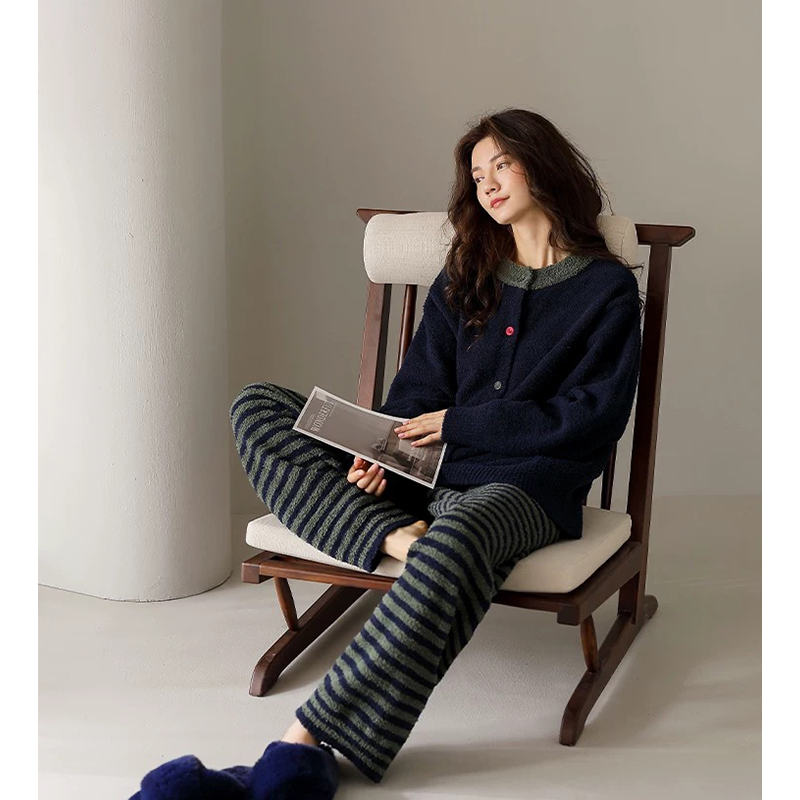 莫里伊【藏青拼色开衫】小众时尚设计休闲可外穿保暖睡衣家居服