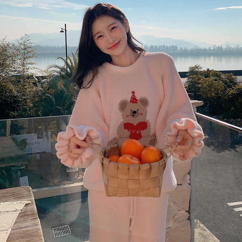 莫里伊【粉色爱心小熊】小众时尚设计休闲舒适可外穿保暖睡衣家居服