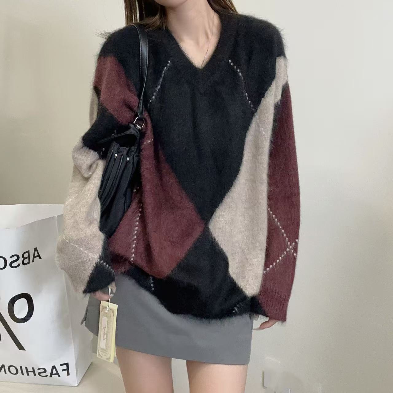 【100山羊绒】241478法式复古风菱格撞色款V领羊绒衫秋冬新款慵懒款