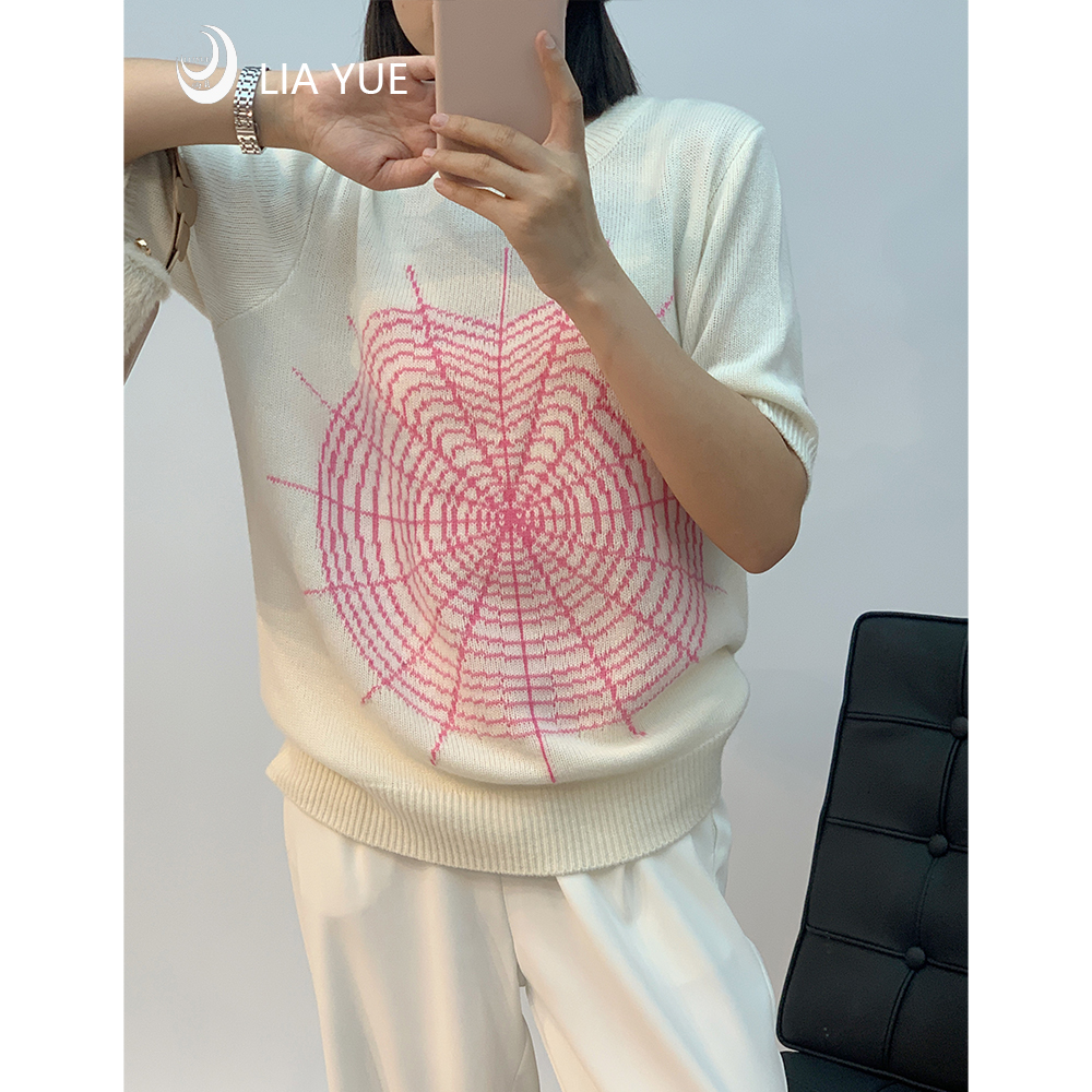 【丝羊绒】231185夏季小众百搭蜘蛛网设计丝羊绒针织短袖上衣