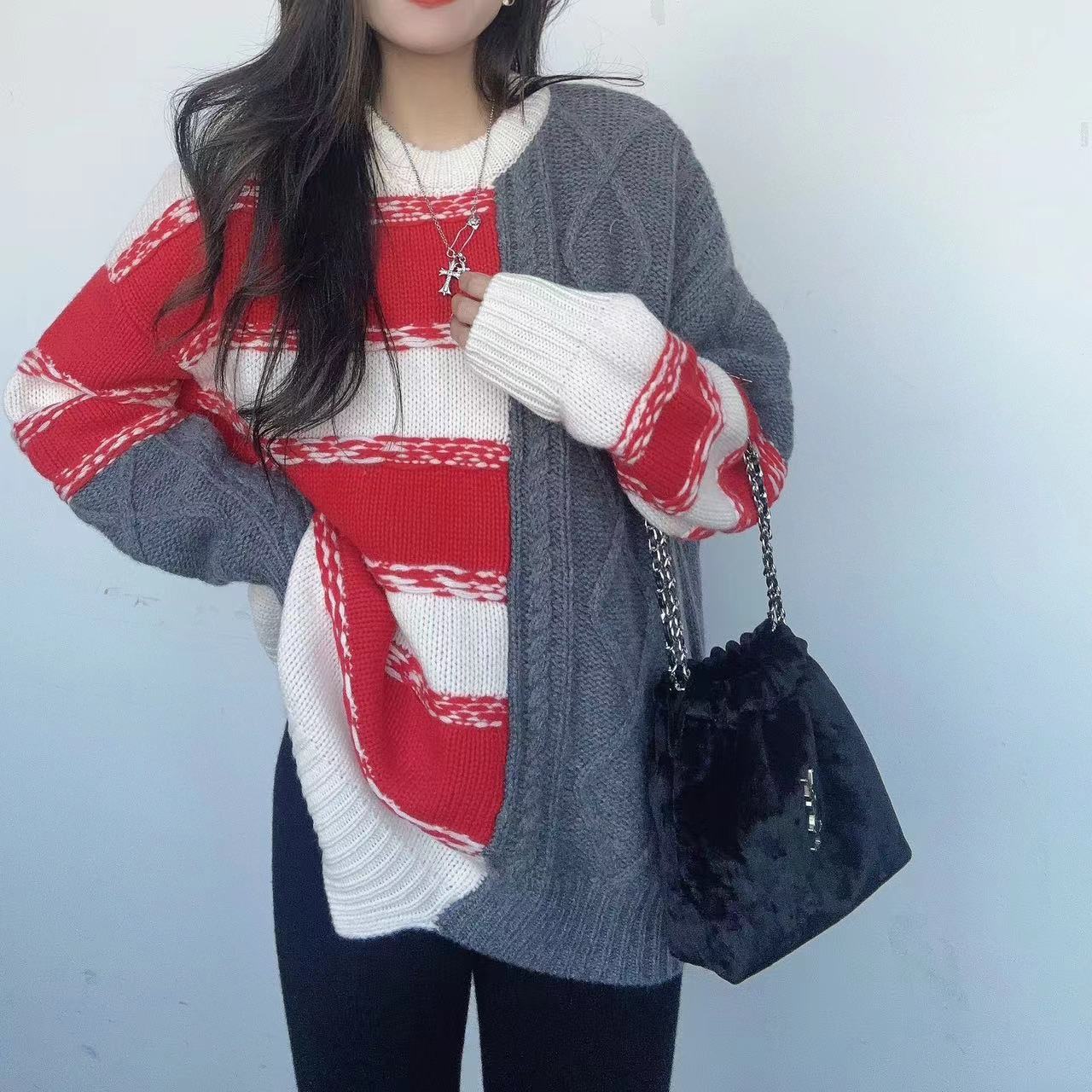 【俩月羊绒】轻奢231587-设计感双面拼色麻花手工包边圆领纯羊绒衫