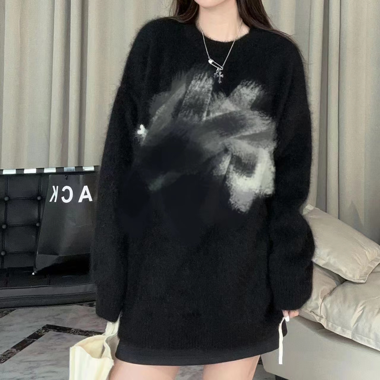 JIE NA YANG轻奢231439拉绒工艺-重磅款提花针织圆领羊绒套头衫