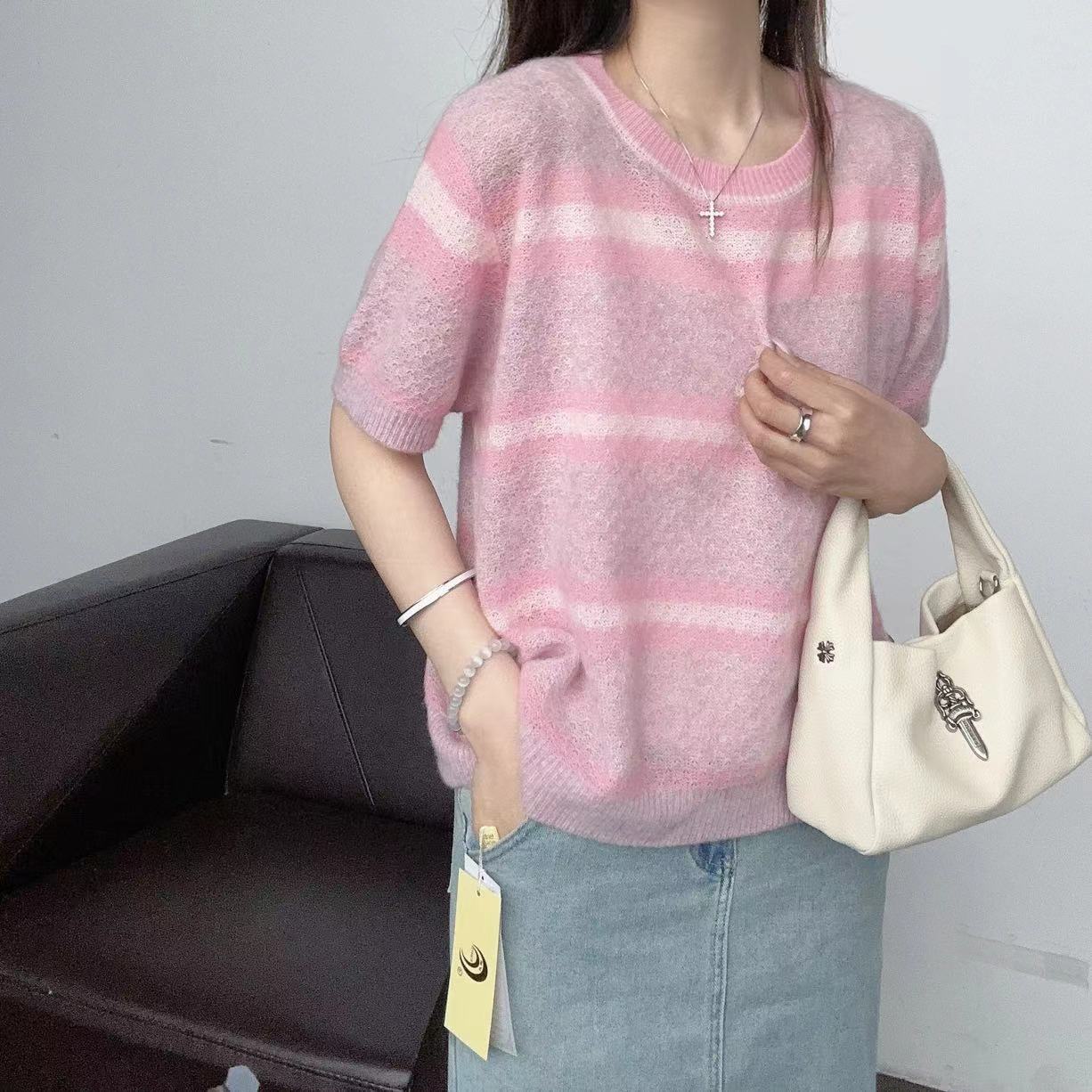 【俩月羊绒】100山羊绒240123-简约高级拼色条纹提花针织羊绒短袖