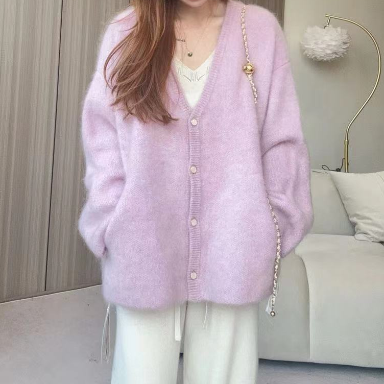 【100山羊绒拉绒款】240398温柔氛围感V领羊绒开衫带口袋款洋气百搭