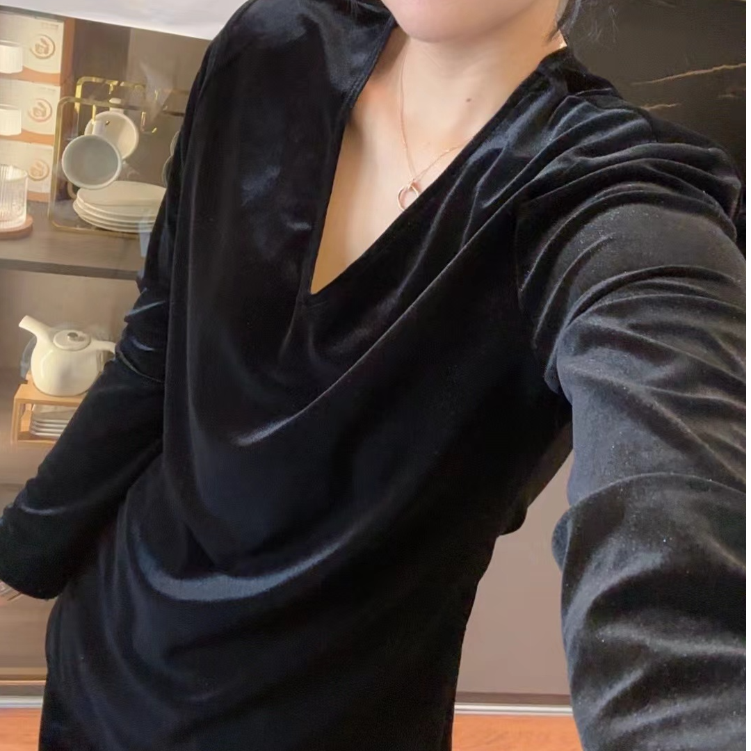 早秋新款V领垫肩侧开叉显瘦丝绒中长款修身衫