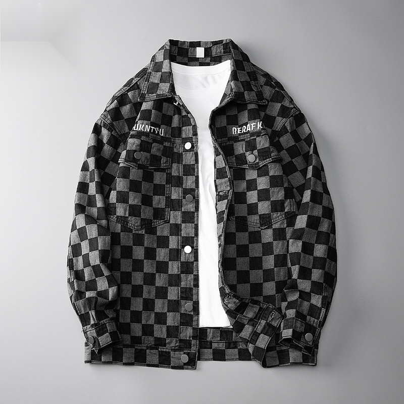 2023棋盘格外套男士牛仔衣潮牌潮流休闲痞帅春秋季格子夹克男上衣