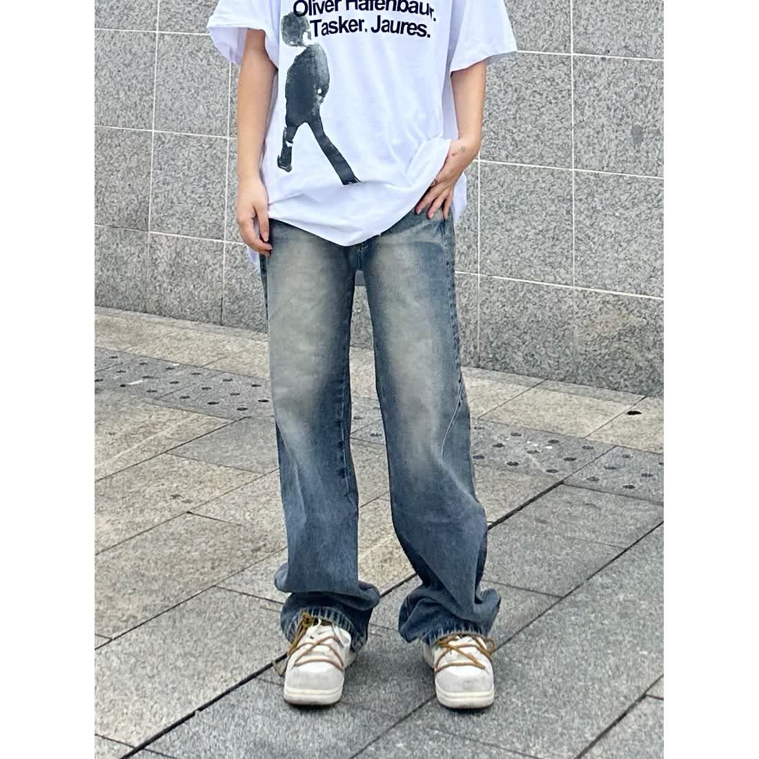 2023新款美式水洗做旧微喇叭cleanfit牛仔裤男宽松拖地垂坠感长裤