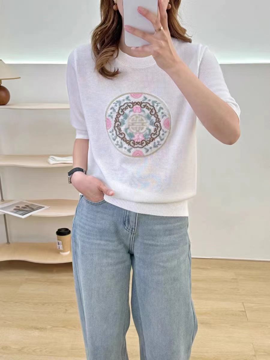 新中式刺绣毛衣针织衫短袖T桖女2024春夏新款半袖国风上衣