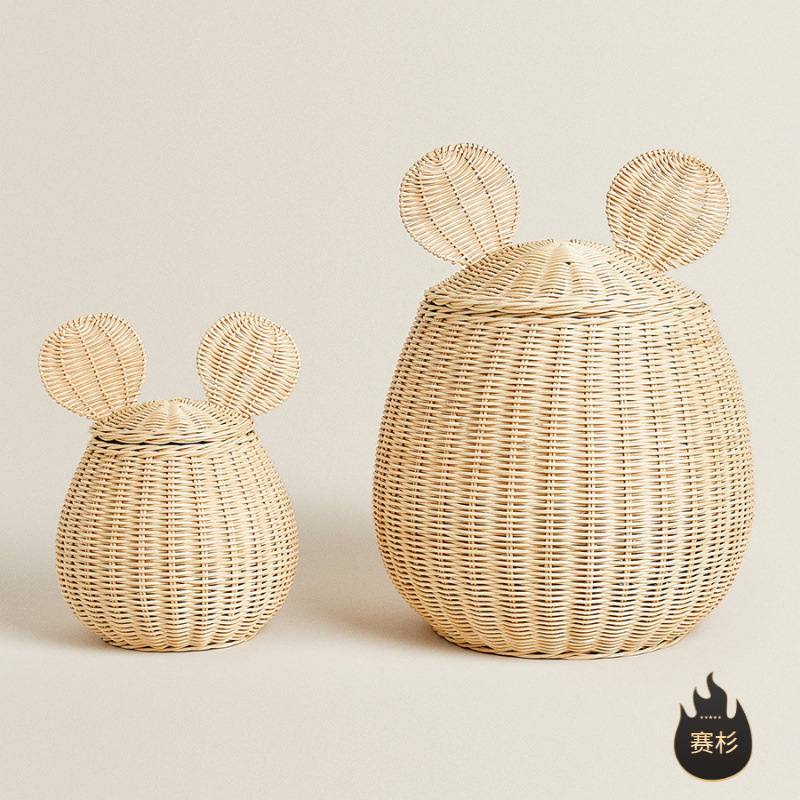 北欧风藤编收纳篮米老鼠造型装饰家居文具收纳箱手工编织收纳筐