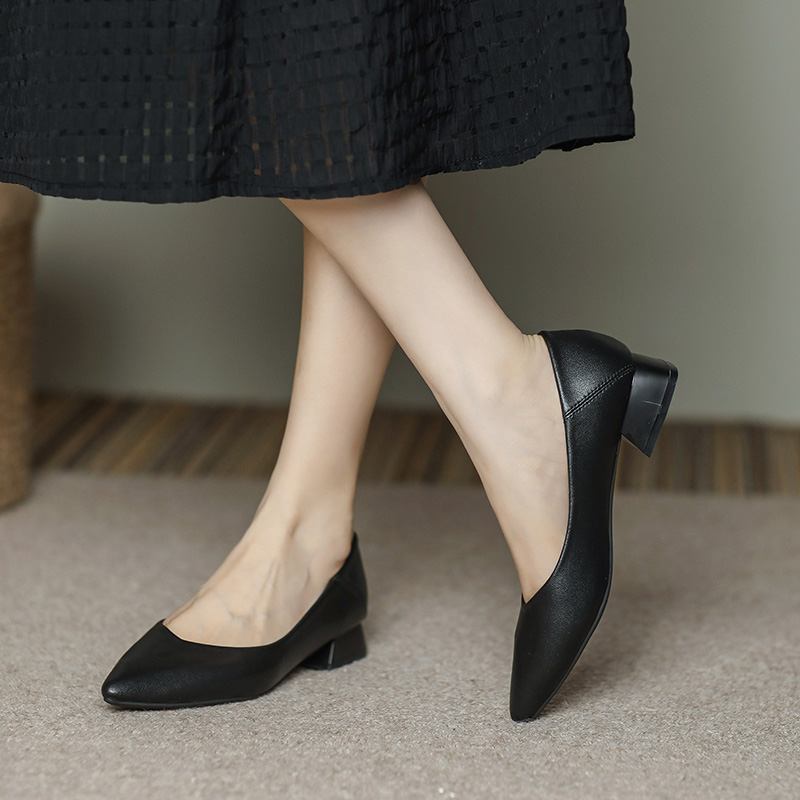 2025年春秋新款职业尖头单鞋粗跟浅口百搭lo工作鞋女黑色大码4143