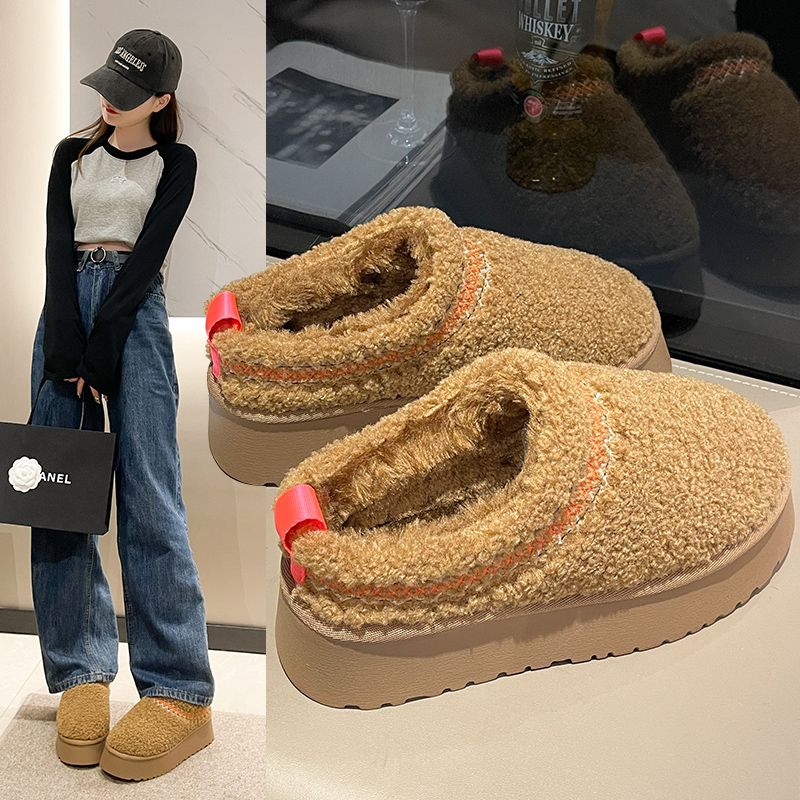 厚底羊羔毛拖鞋女2023秋冬款包头毛毛外穿雪地靴加绒加厚保暖棉鞋