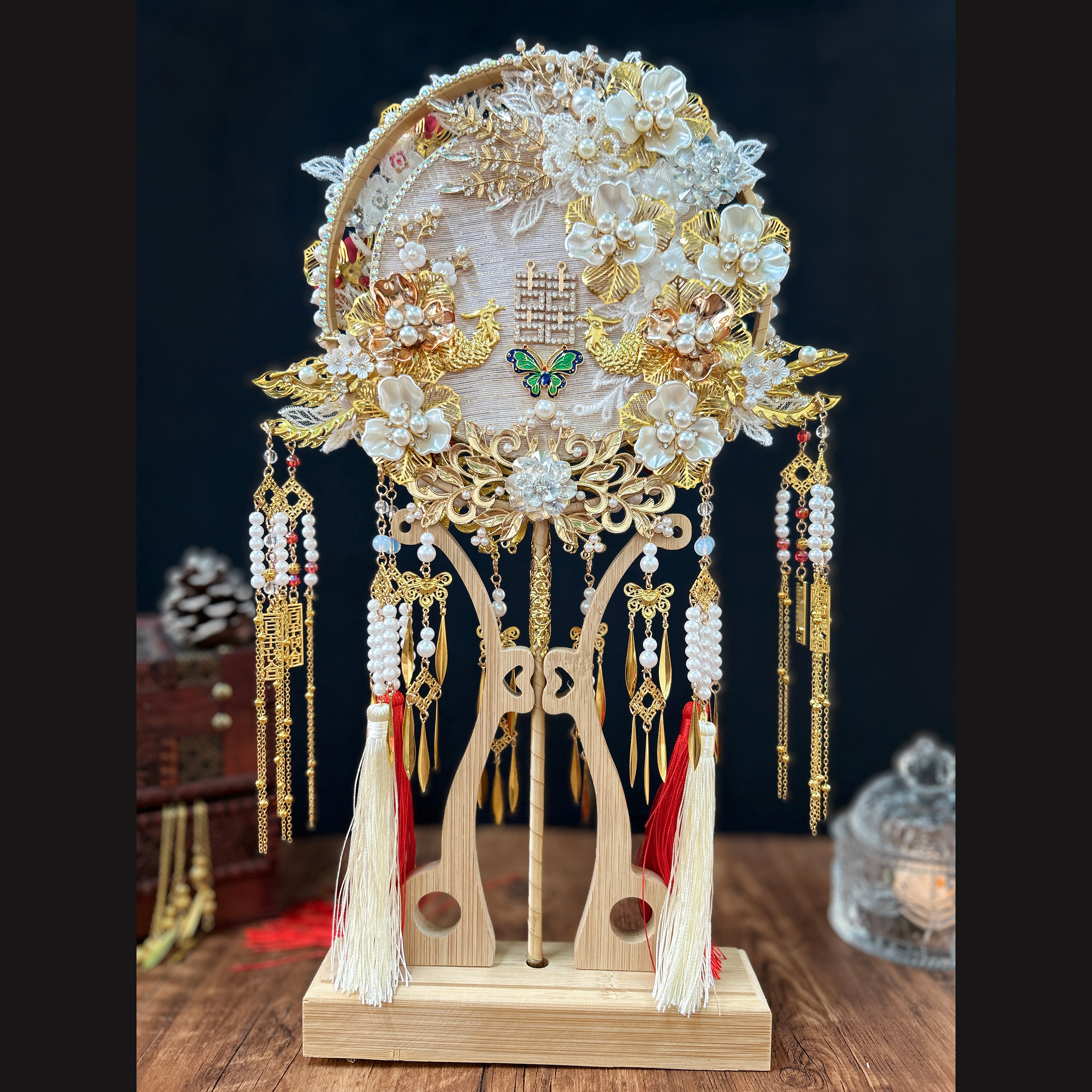 合金婚庆饰品 中式结婚红金新娘双面成品扇材料包喜扇