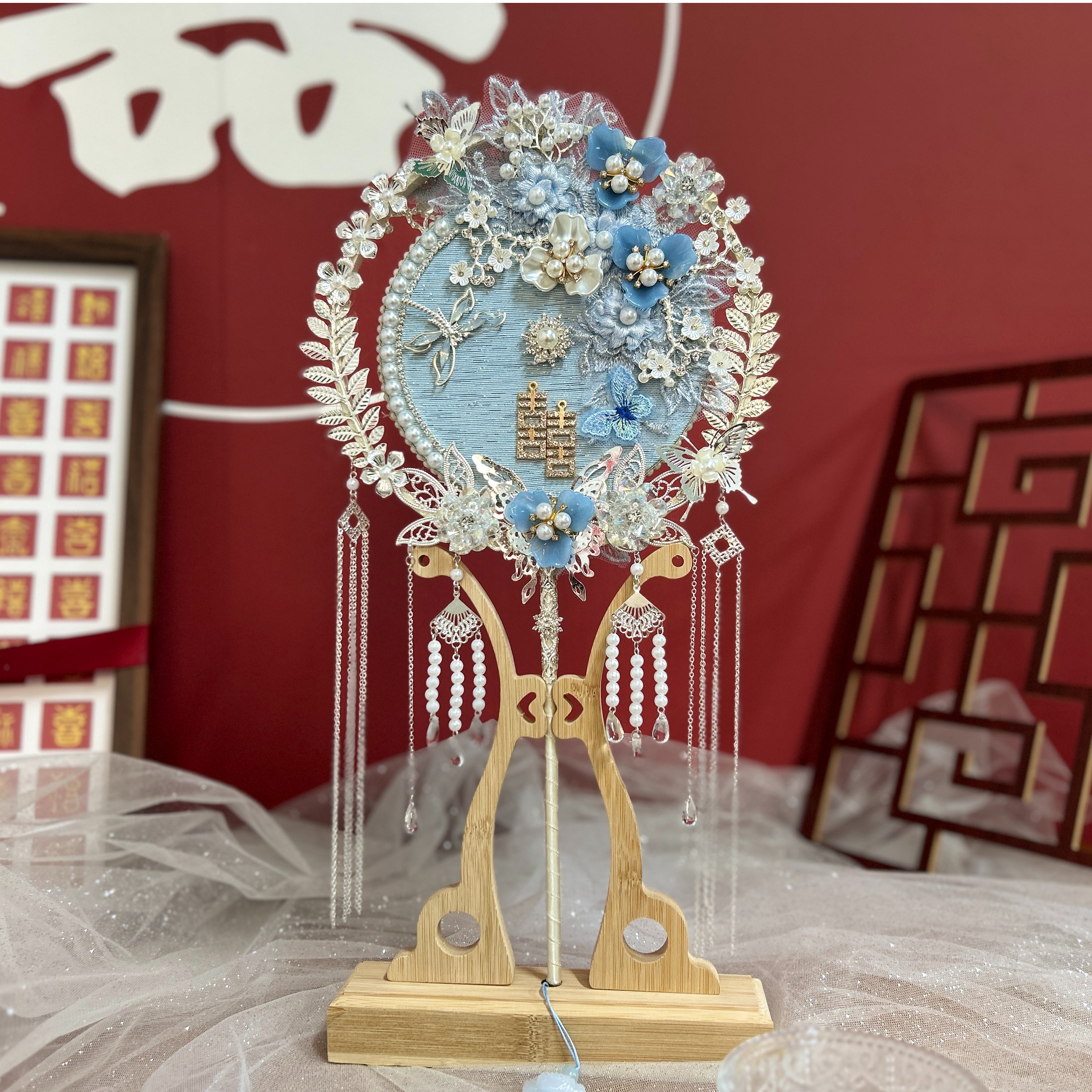 铁合金婚庆饰品 蓝色喜扇新娘团扇中式结婚秀禾材料包和成品喜扇