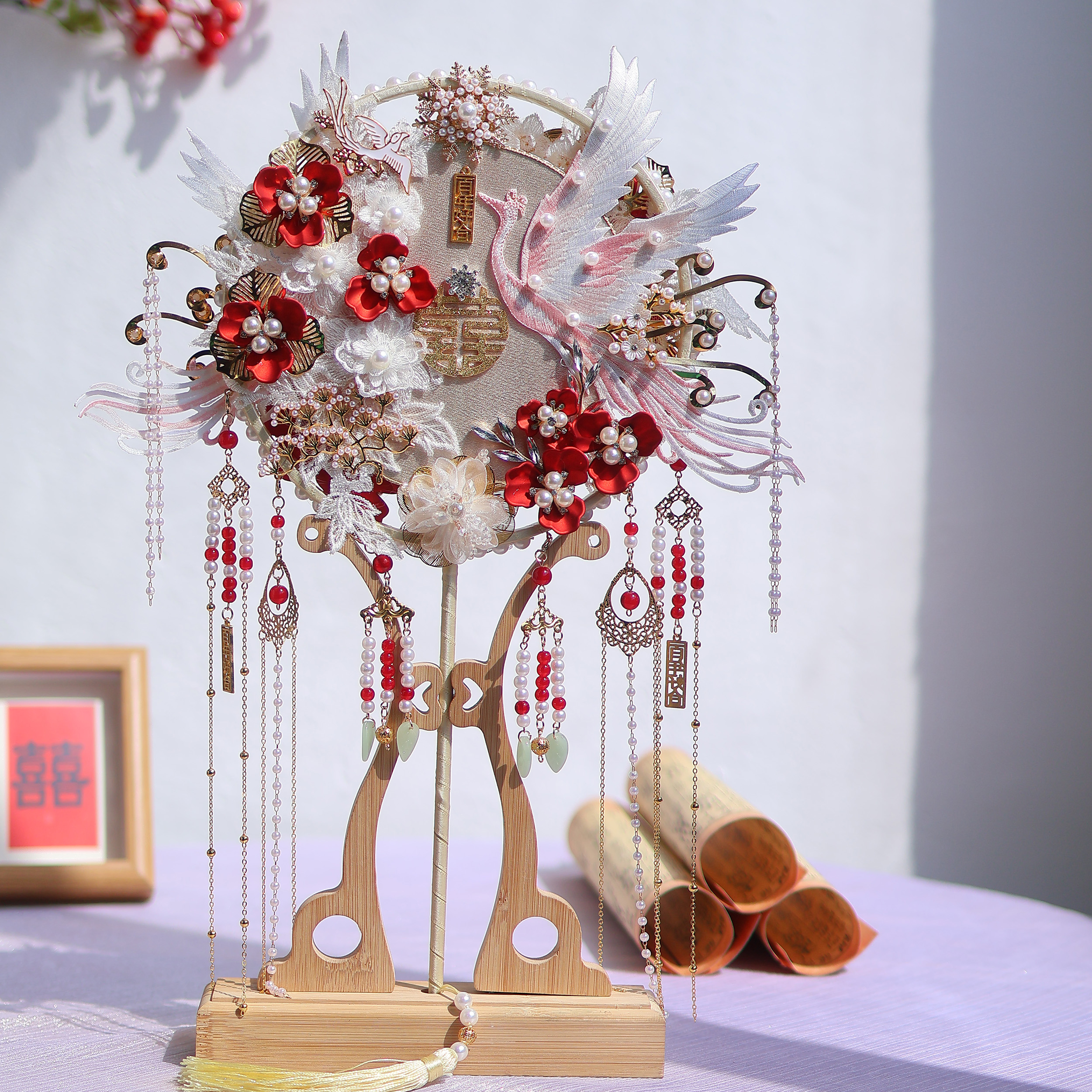 合金婚庆饰品 新娘中式团扇秀禾明制婚礼拍照喜扇材料包成品DIY