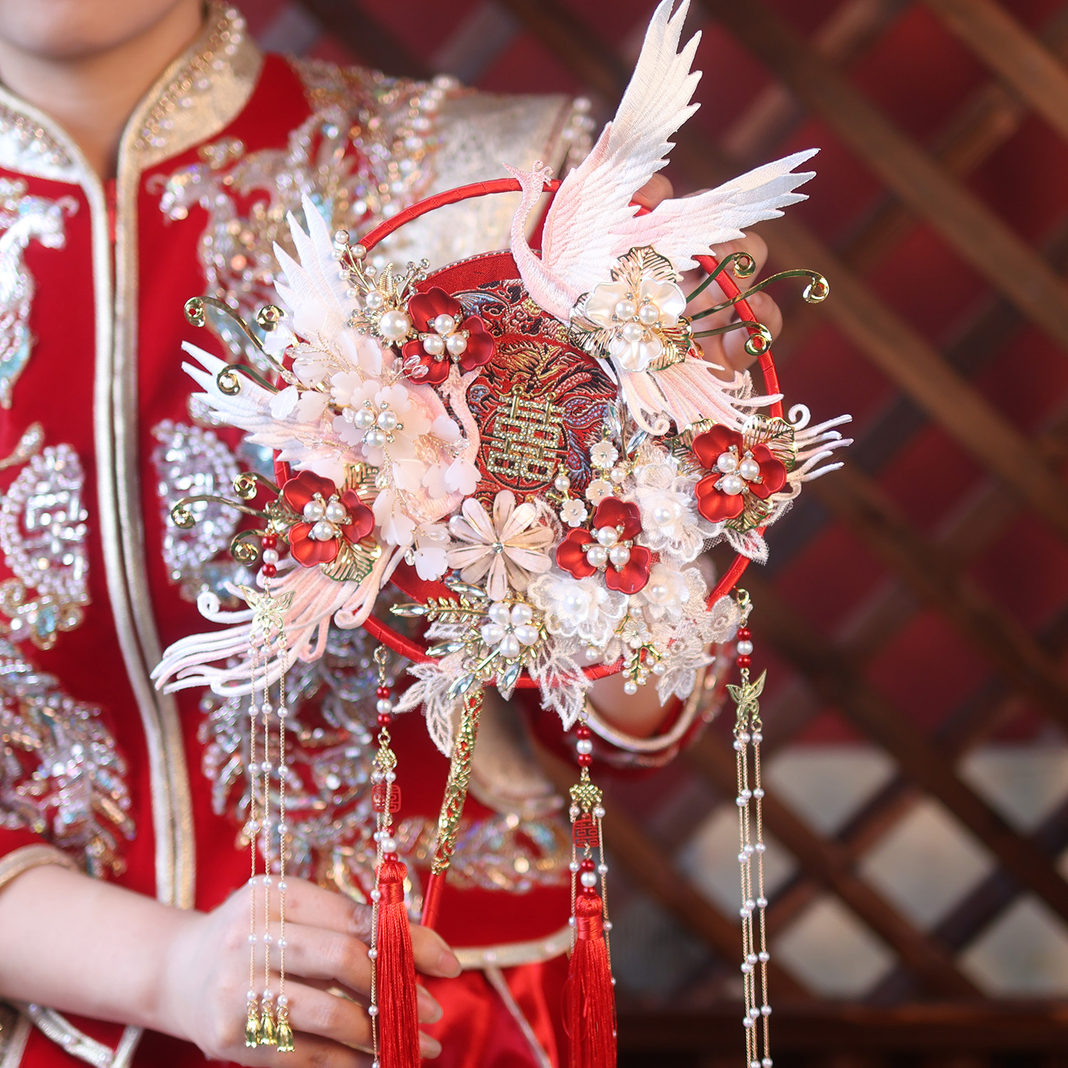 合金婚庆饰品 新娘婚礼精致双面喜扇手持秀禾遮面扇