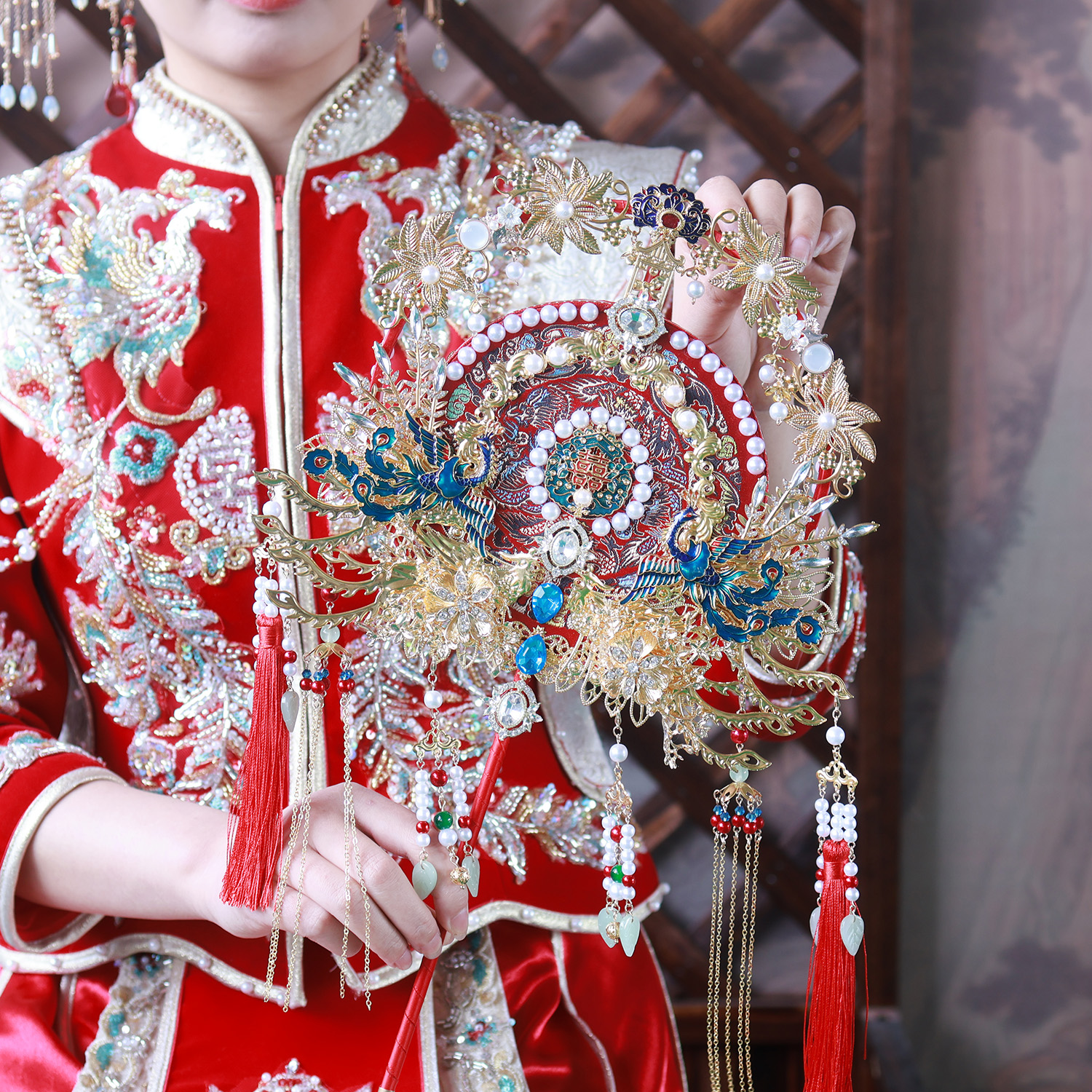 古风新娘结婚简约双面红秀禾婚礼遮面扇送礼手工DIY材料包成品扇