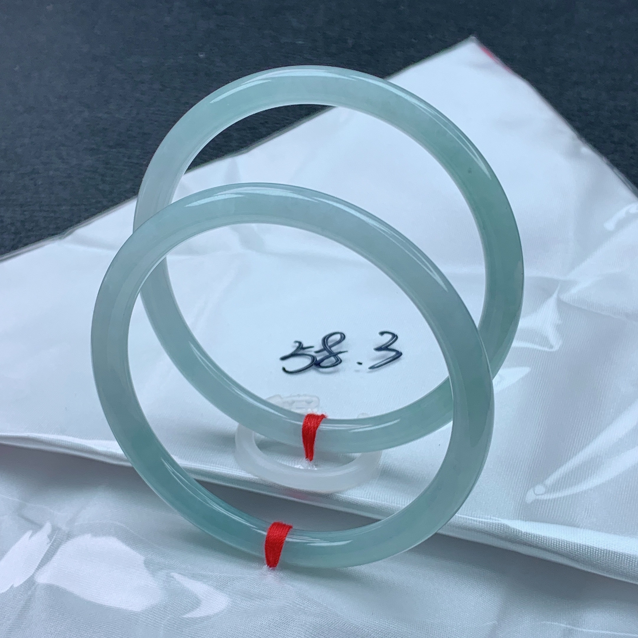 天然缅甸翡翠Ａ货手镯冰糯种白月光圆条58.3叮当圆条手镯一对