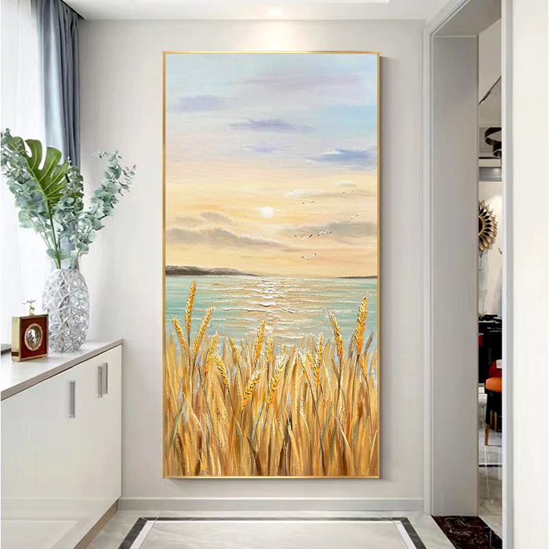 [臻品捡漏]70x140手绘油画金色麦田入户玄关装饰挂画海景肌理画