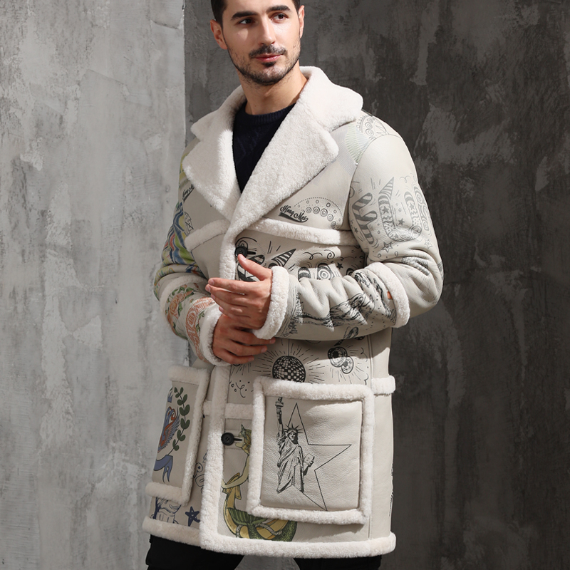 22078秋冬原生态绵羊皮毛一体男印花款外套皮大衣