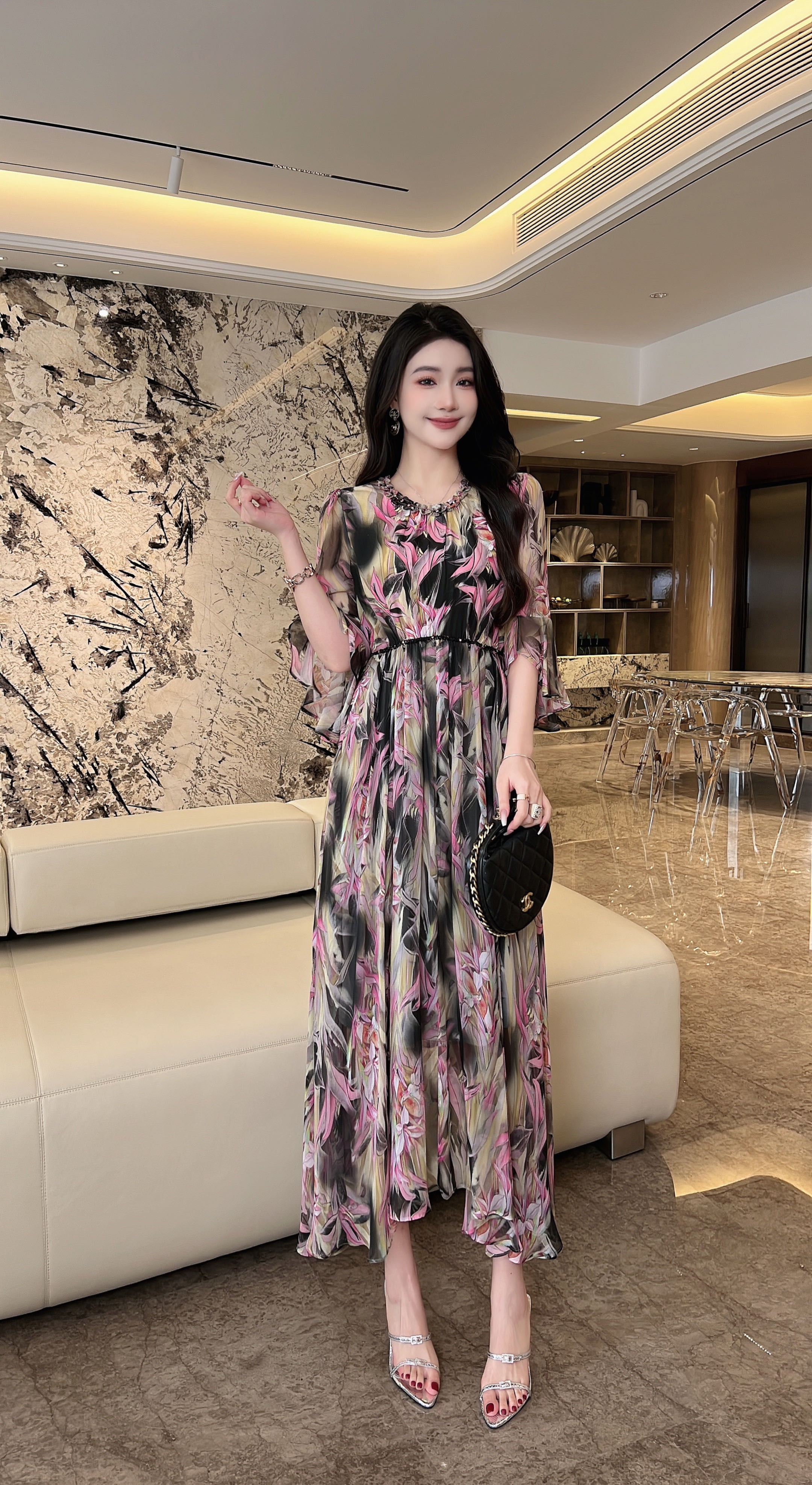 100桑蚕丝亮片夏季连衣裙女装Y0012显瘦收腰时尚印花