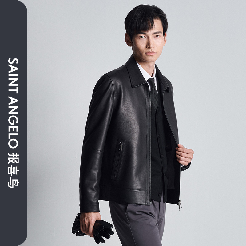 【羊皮革】报喜鸟男士新款绵羊皮革时尚黑色休闲男款皮衣翻领冬