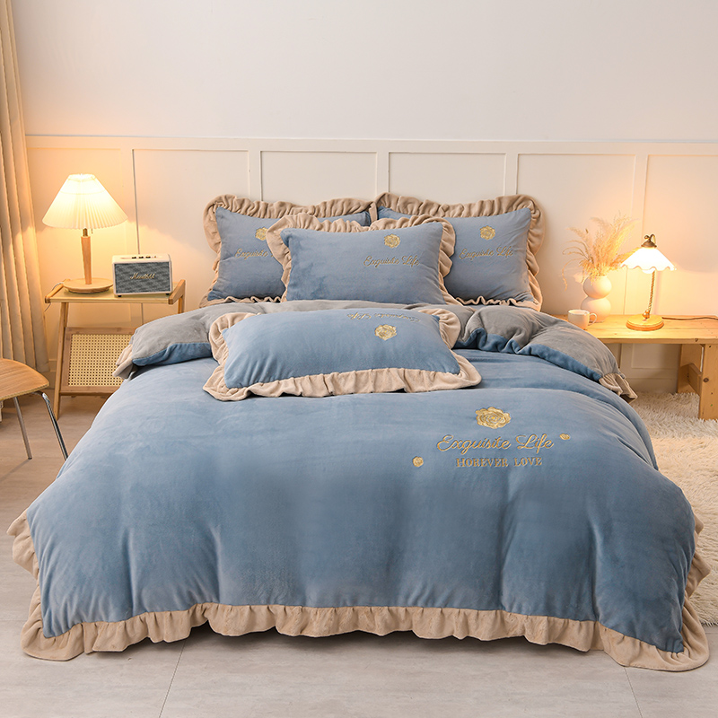 红豆家纺牛奶绒四件套加厚抗静电秋冬床单被套绣花双面绒套件家用