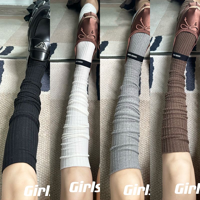 宜美拉德白色小腿袜miu风叠穿袜纯色百搭竖条纹咖色堆堆袜过膝袜