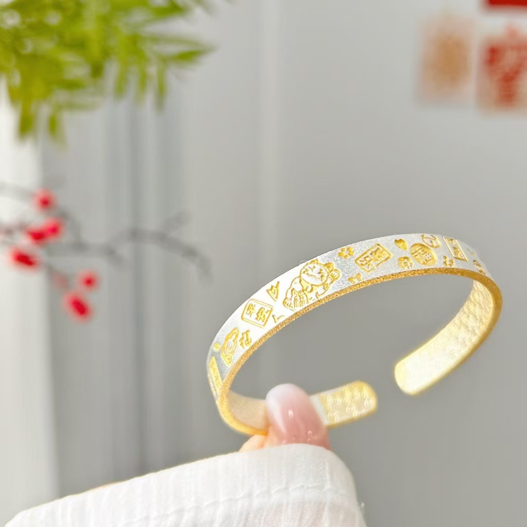 友执 足银手镯 足银999宽版描金吉言招财猫开口镯气质百搭可调节
