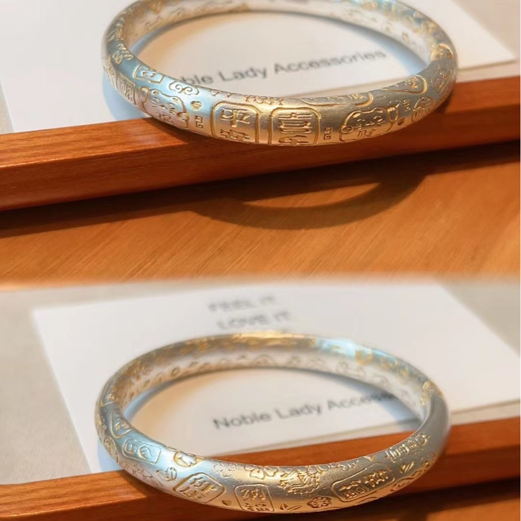 友执 足银手镯 足银999.9描金吉言泥鳅背厚壁中空固口镯手工经典