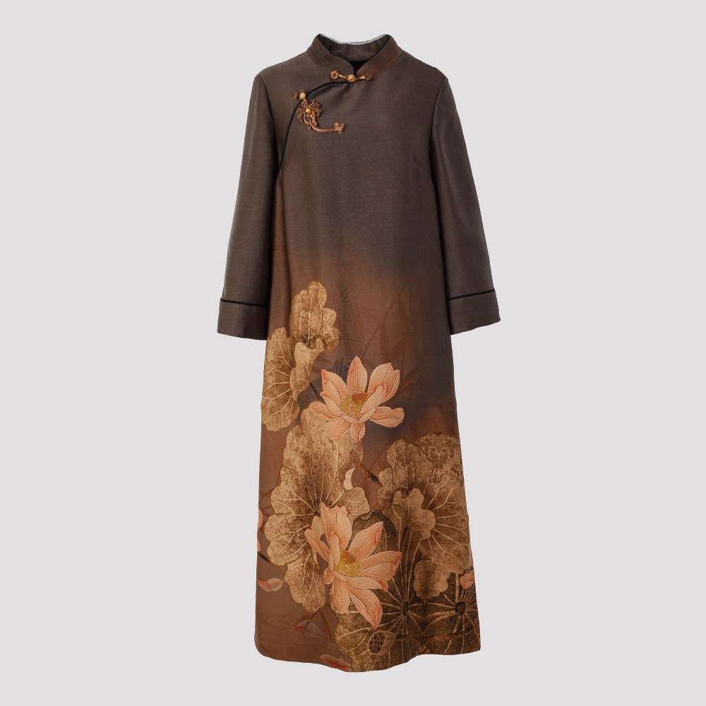 品牌新款桑蚕丝立领斜襟印花连衣裙32335