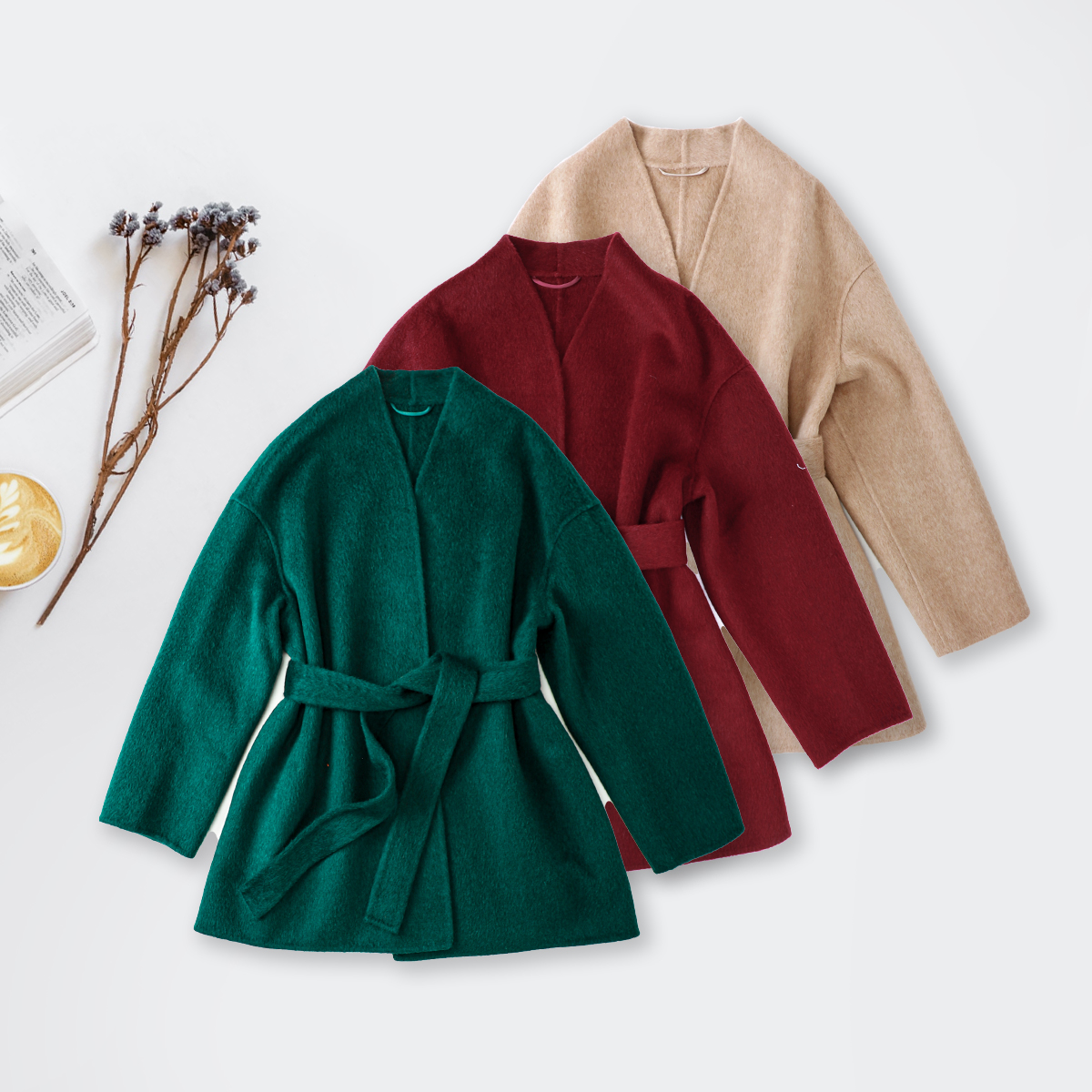 品牌新款骆驼绒双面穿腰带V领秋冬简约短款大衣44153