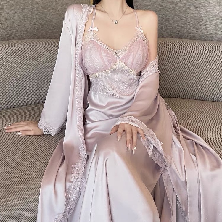 纯欲风性感蕾丝睡衣女春秋款宫廷风冰丝带胸垫吊带睡裙套装睡袍  