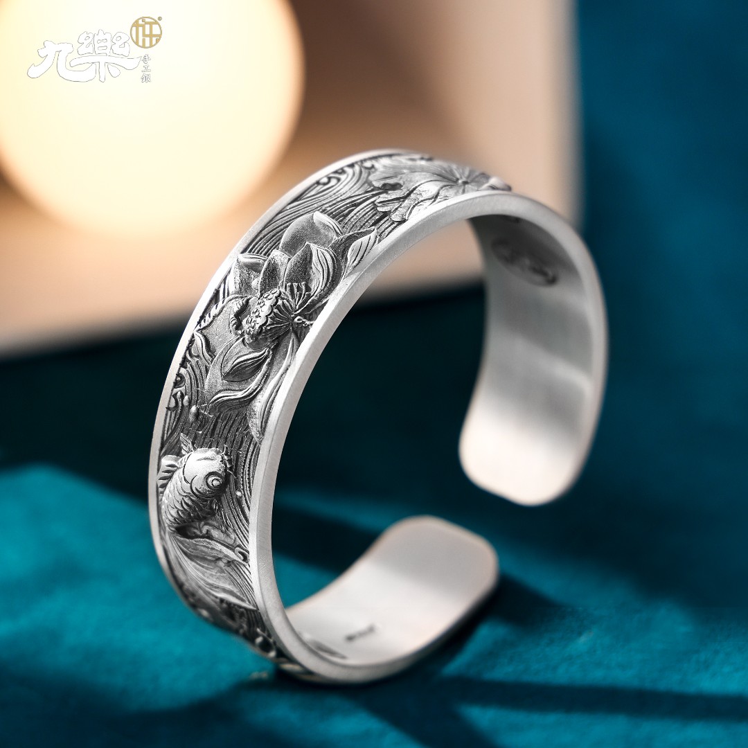 足银手镯 999吉言双鱼荷花高工手镯好物礼物手工镯子雕刻