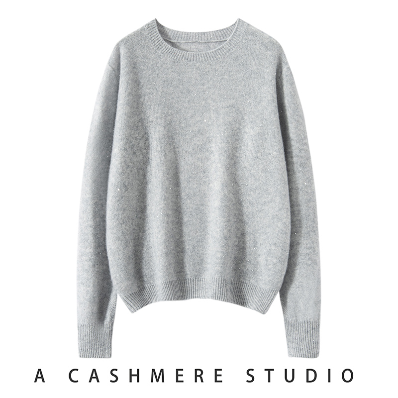 【星光闪耀】鄂家圆领珠片纱羊绒衫微透感朦胧圆领针织衫