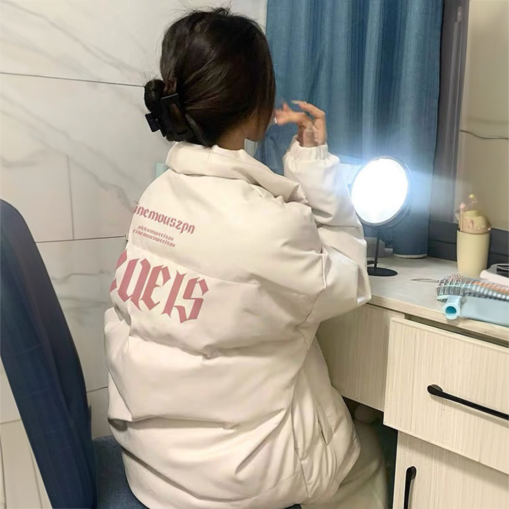 2023冬季新款甜妹可爱字母印花pu皮棉服外套女学生宽松防寒面包服
