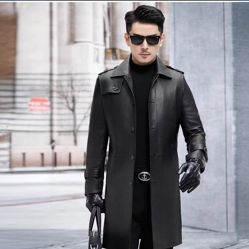 海宁皮衣山羊皮中长款休闲商务男士春秋时尚真皮修身2024新款