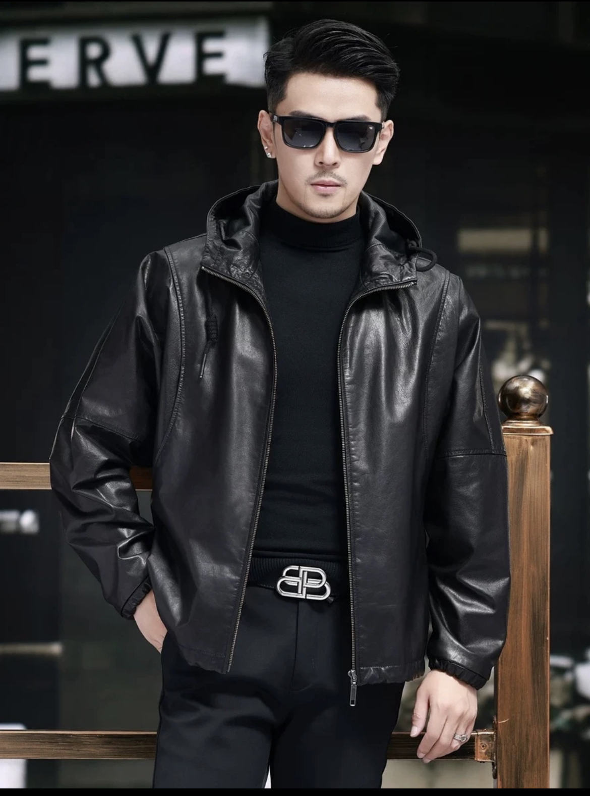 海宁油蜡牛皮秋春连帽蝙蝠袖时尚休闲潮流短款韩版修身男装