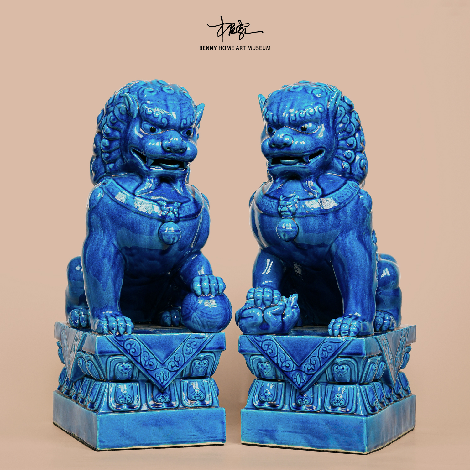 【BENNY本尼家】LS6孔雀蓝狮子一对陶瓷家居艺术品桌面装饰玄关摆件