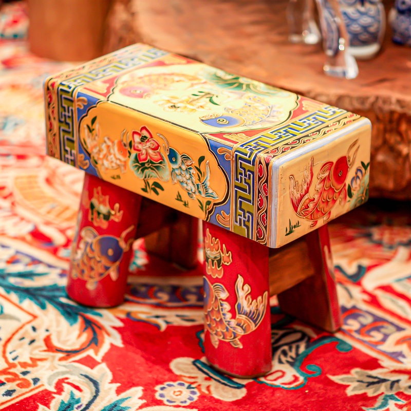 【本尼家】新中式古典松木家具手工彩绘画 实木凳换鞋凳床尾