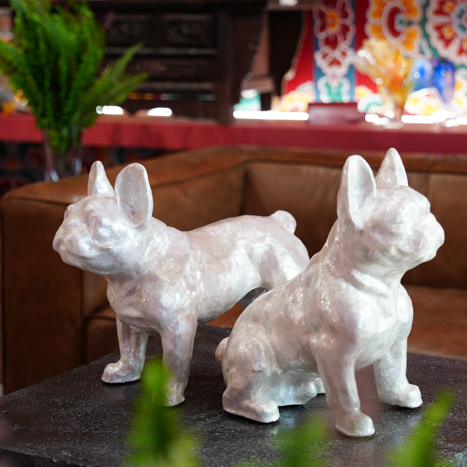 【本尼家】银白软贝壳斗牛犬艺术品装饰家居客厅玄关落地摆件 