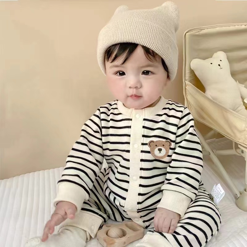婴儿连体衣春秋款超萌幼儿衣服条纹洋气外出服哈衣爬服男宝宝春装