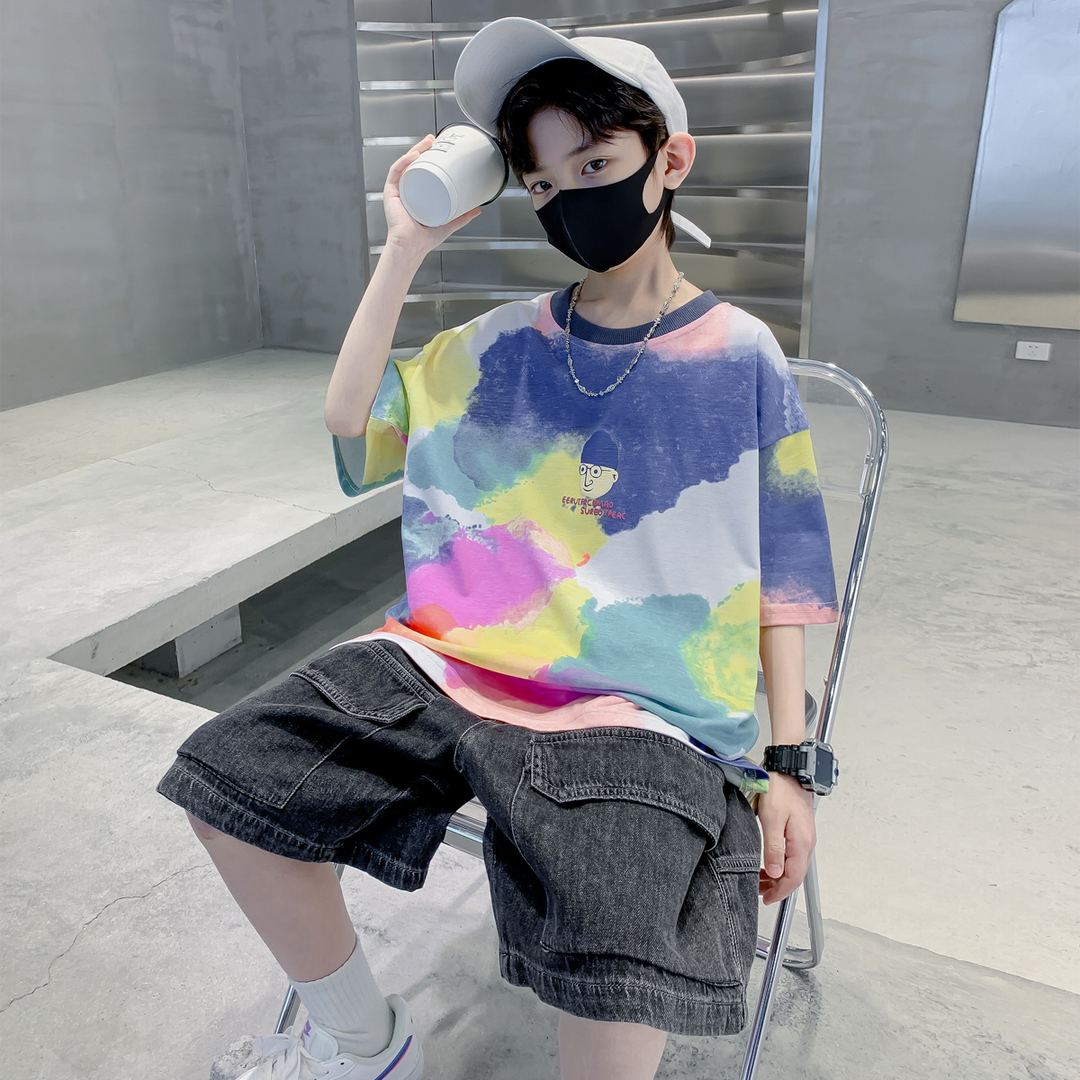 儿童夏款短袖扎染T恤全棉帅气宽松韩版潮流女童韩版洋气短袖套装