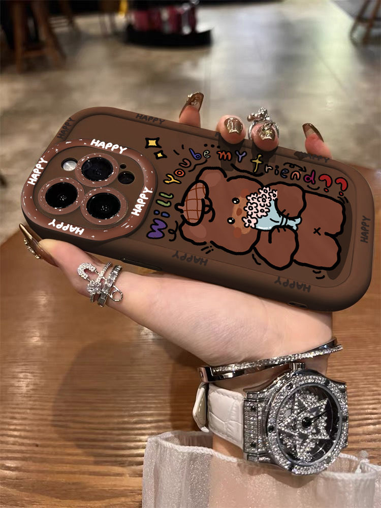卡通捧花小熊苹果15手机壳iPhone14软13promax全包11防摔12创意xr