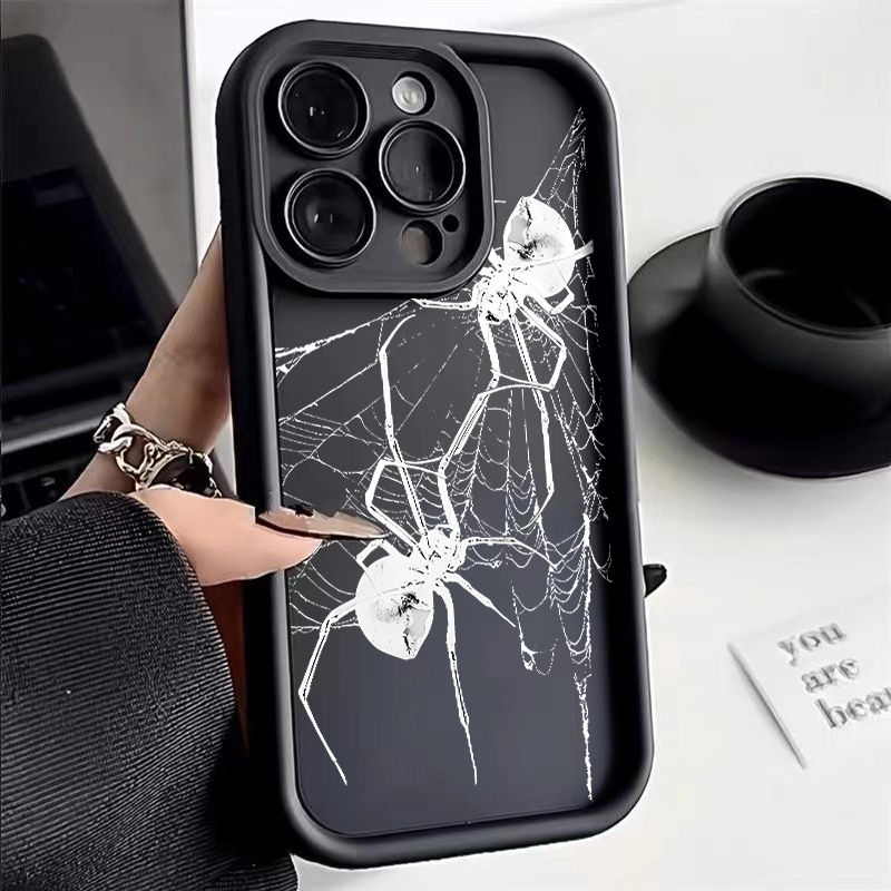 卡通白蜘蛛苹果14手机壳iPhone13全包15防摔11酒红12promax磨砂78