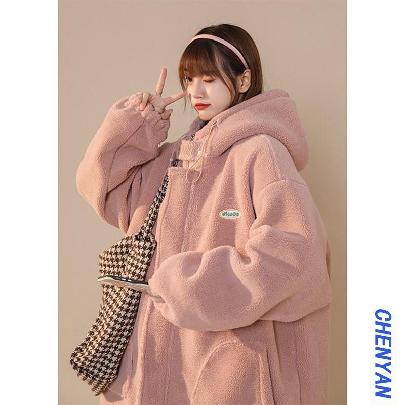 学生连帽毛绒百搭大码胖mm300斤感羊羔绒女秋冬韩版宽松慵懒外套