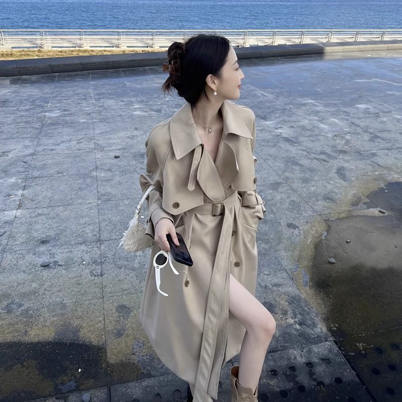 百搭感风衣外套女春秋季2023新款小个子赫本风中长款大衣宽松显瘦