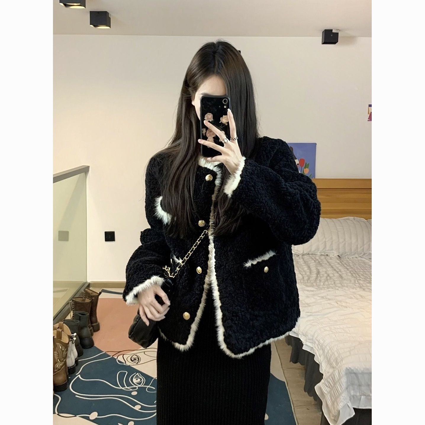 设计感冬季小香风外套女2023新款小个子感法式感加厚毛毛绒上衣