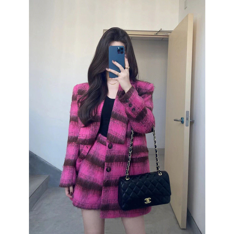 气质时尚小香风复古格子呢子西装外套高腰短裤chic两件套装秋冬潮