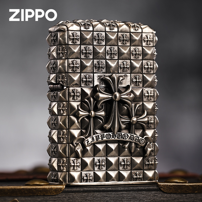 ZIPPO打火机银色重甲十字花朋克防风原装重工高档送礼DYJ1X1