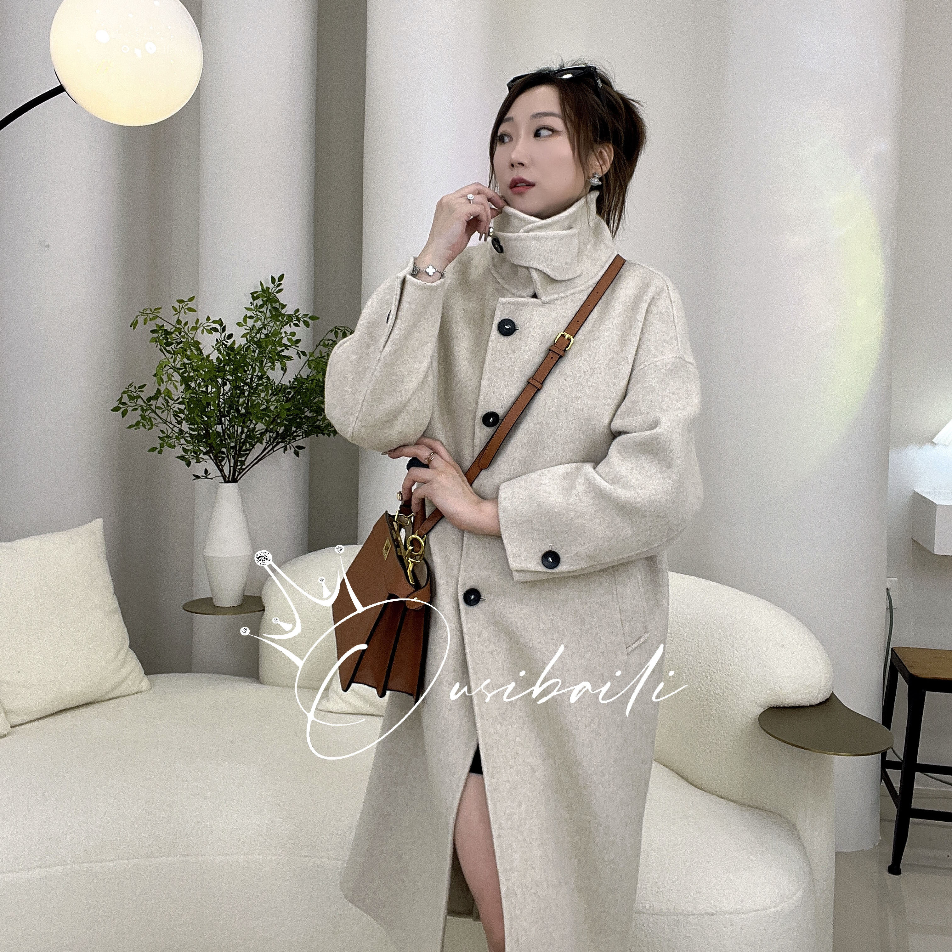 立领双面羊毛大衣女秋冬季新款高级感时尚长款收腰骆驼绒外套8802